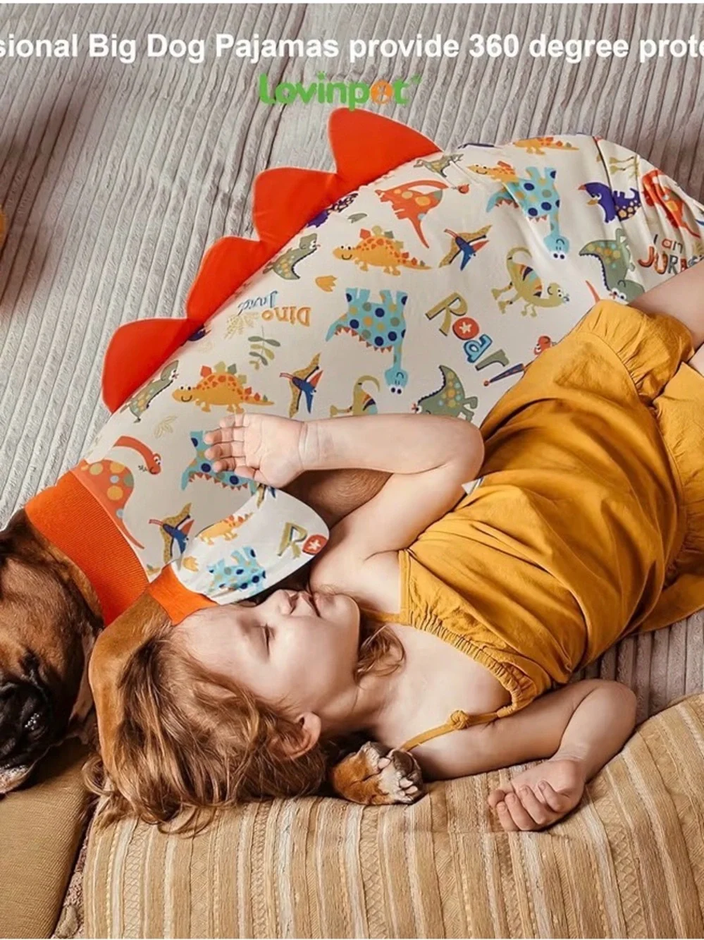 Dinosaur Print Full-Body Dog Pajamas — Orange Trim